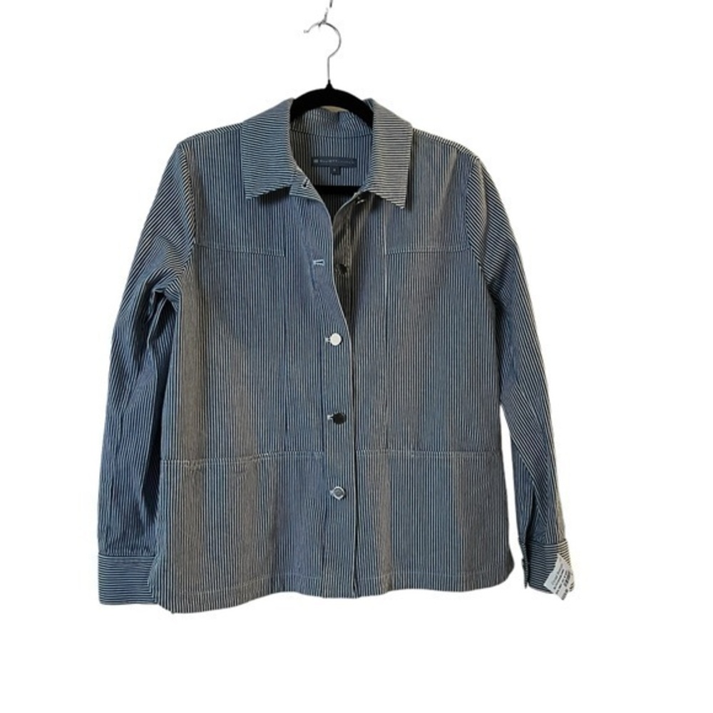 NWT ELLIOTT LAUREN Blue & White Striped Stretch Cotton Denim Jacket